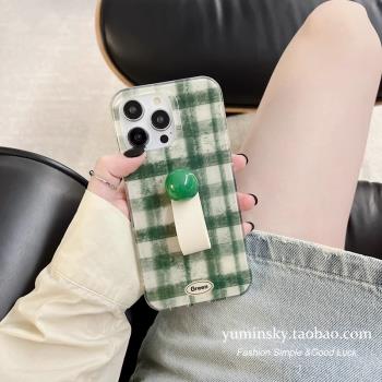 黃綠格紋適用iPhone15promax手機殼新款日韓風蘋果14Promax創意小眾高階感13帶指環支架12支架11閨蜜女款ins