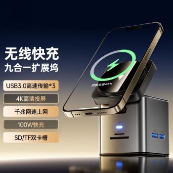 適用蘋果15pro磁吸無線充電器筆記本拓展塢八合一Typec擴充套件塢hub集線器PD100W快充15W快充HDMI投屏千兆網口