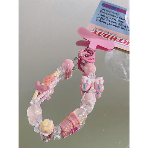 PD手繪珠粉色少女手機鏈鑰匙扣包掛通用掛鏈手機掛片送墊片