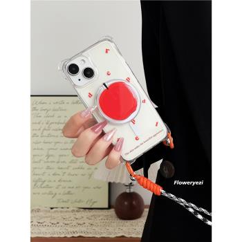 ins簡約字母紅蘋果magsafe手機殼斜挎可背適用蘋果15四角防摔透明iPhone14掛繩手腕13pro帶磁吸支架蘋果12硬