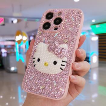 適用於iPhone15pro max蘋果14手機殼15plus粉色水鉆立體卡通可愛貓頭11水鉆保護套13全包防摔女12