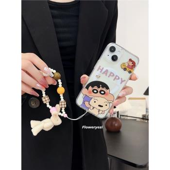 卡通蠟筆小新磁吸手機殼iphone15手拎防摔適用蘋果13promax透明14Magsafe磁吸殼女掛繩12毛絨公仔手機鏈15爆