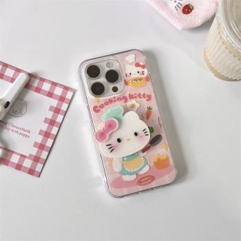 高階感ins卡通可愛廚師kt貓咪適用蘋果支架手機殼雙層殼iPhone14promax新款15pro女14矽膠13Pro創意11全包12