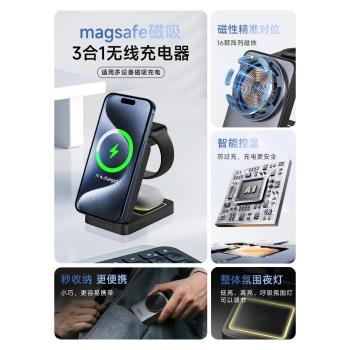 磁吸三合一無線充電器適用蘋果可折疊桌面支架手機快充蘋果15pro max/14/13/12promax耳機iwatch手錶MagSafe