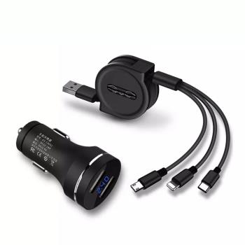 車載充電器數據線快充多功能一拖三伸縮適用於蘋果安卓手機通用多頭合一