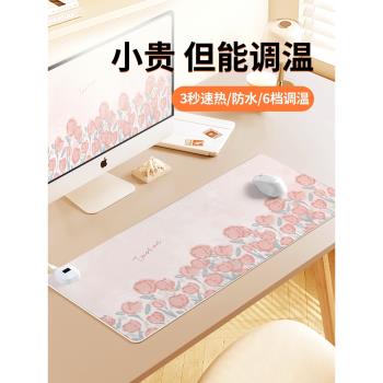 簡約花朵usb加熱鼠標墊超大暖桌墊防水冬季防凍手辦公室工位桌面發熱墊電熱筆記本電腦鍵盤墊取暖左側開關