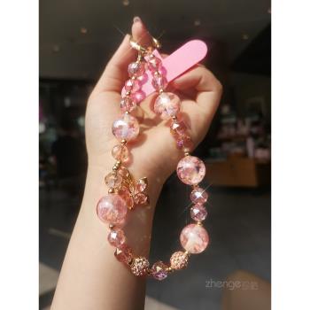 蝴蝶水晶串珠手鏈女款ins精品手作手工串珠時尚少女粉掛鏈手機掛繩手提手腕掛飾女神禮物手機殼通用夾片式新