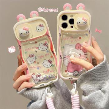 可愛流沙卡通hello kitty適用iphone16pro手機殼新款推拉窗立體KT貓蘋果15promax帶掛繩14pm全包防摔13矽膠12