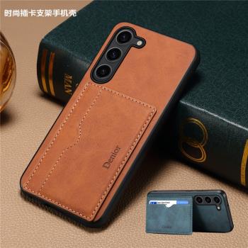 復古紋單卡支架後殼適用三星A55 5G 手機殼三星A15保護套Samsung a25插卡a35手機殼a05s保護note20u支架放卡