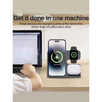 適用15pro max三合一無線充電器15W磁吸支架蘋果14手機iWatch手錶耳機magsafe無線充電底座AirPods立式