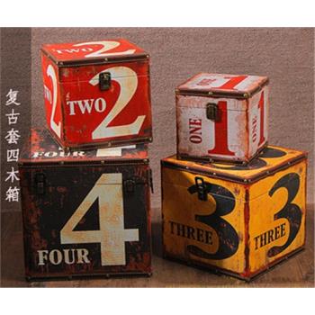 復古套裝收納木箱子數字正方形鄉村櫥窗擺件攝影樓美式拍攝皮箱子