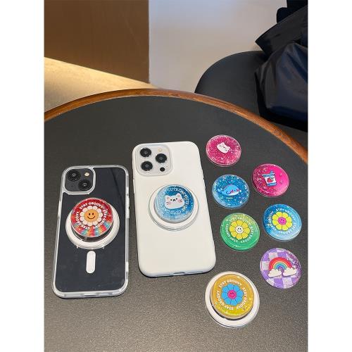 閃粉流沙太陽花magsafe磁吸手機支架啪嗒吸附伸縮氣囊支架可愛ins