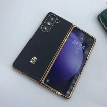 適用於三星zfold4手機殼防摔金標商務zfold3荔枝紋w24手機殼zfold5折疊屏電鍍保護套w23心繫天下w21皮套