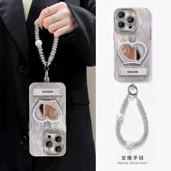 皇冠補妝鏡適用蘋果16promax手機殼新款iPhone15PM保護套閃粉羽紗14plus仙女13全包防摔ins風12支架簡約硬殼