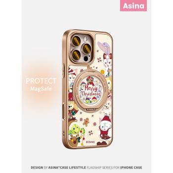雪花七寶適用iPhone16Promax手機殼新款蘋果15Pro磁吸帶支架保護套支點聖誕可愛ip14高階迪士尼13pm全包仿皮