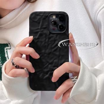 玩勝 ins冷淡風亞光黑色錫紙褶皺紋iphone14promax蘋果15手機殼11新款14pro女12小眾13pm磨砂矽膠創意防摔套