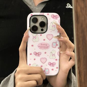 ins風創意少女心粉色兔子蝴蝶結適用蘋果15promax手機殼iphone14pro菲林二合一13/16硬殼全包矽膠防摔保護套