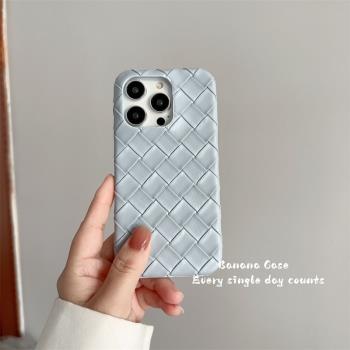 高階感簡約灰藍立體編織紋半包皮質硬殼適用iPhone16pro蘋果15promax手機殼14pro新款13個性11/12pro保護套15