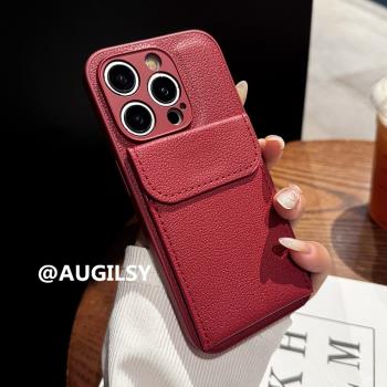 法式安克拉紅可插卡秋冬16proMax手機殼蘋果15pM翻蓋卡包適用iPhone13保護套14plus酒紅色7女款12皮質11復古8