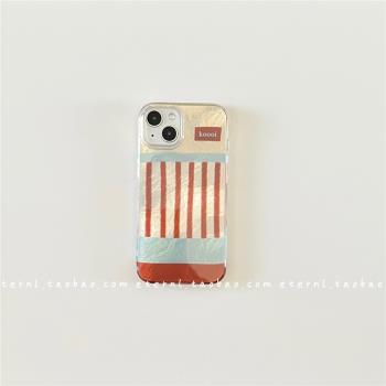 ins秋冬棕藍條紋16promax適用蘋果iPhone15手機殼13/14保護套高階感12