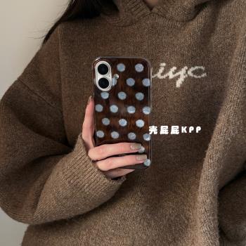 殼屁屁KPP復古藍棕撞色波點ins韓系14適用16pro蘋果16ProMax手機殼iPhone16/13軟15Promax斜挎保護套