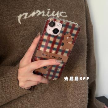 殼屁屁KPP復古學院風格紋可愛狗ins韓系14適用16pro蘋果16ProMax手機殼iPhone16/13軟15Promax編織手提保護套