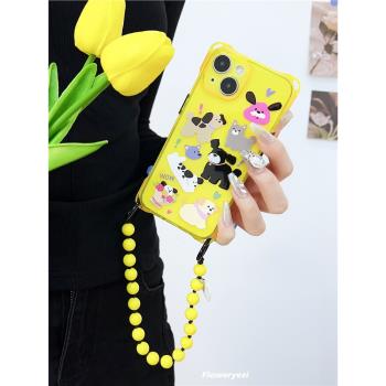 ins新款透黃塗鴉小狗蘋果16promax手機殼斜挎可背適用iphone14手提鏈條13鏡頭全包12防摔保護套11pm矽膠軟殼