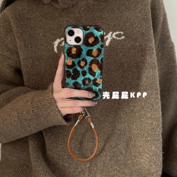 殼屁屁KPP復古孔雀藍琥珀撞色ins韓系14適用16pro蘋果16ProMax手機殼iPhone16全包13軟15Promax手提保護套