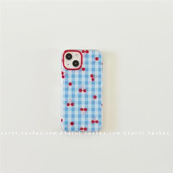 ins少女清新格紋小櫻桃16適用蘋果15promax雙層iPhone16promax手機殼12保護套13