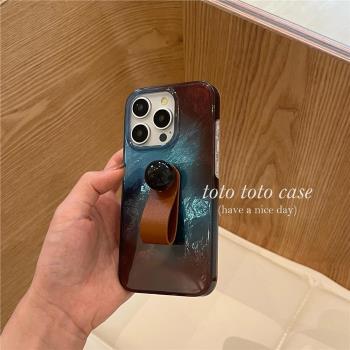 復古高級感藍棕調暈染圓珠指環扣適用iPhone16promax手機殼14promax蘋果15/16秋冬新款小眾16pro簡約漸變羽紗