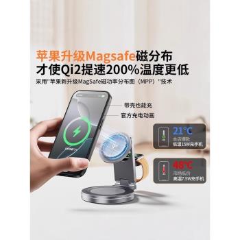 適用蘋果16三合一無線充電器magsafe磁吸Qi2快充底座applewatch手錶iPhone15Pro手機iWatch耳機折疊支架便攜