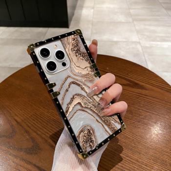 潮牌方形iPhone15promax手機殼16大理石紋蘋果14個性創意適用13網紅輕奢風12全包防摔8plus高階感小眾保護套7
