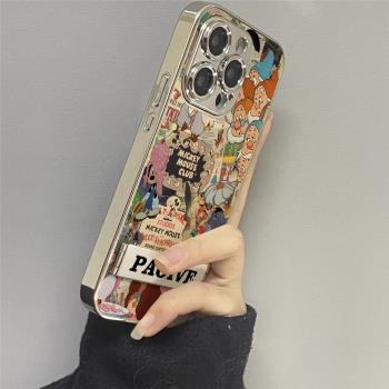復古矮人海報適用蘋果16pro手機殼帶支架iphone15promax電鍍保護套14plus小羊皮新款13高階感12全包11防摔xs