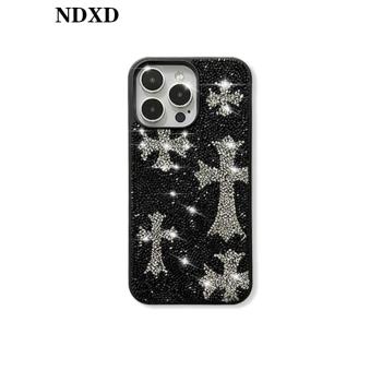 蘋果16高階奢華手機殼iPhone15promax克羅心鑲鉆14適用女款十字架閃亮水鉆全包輕奢矽膠黑色保護套高階感創意