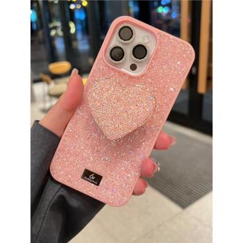水鉆愛心蘋果14promax支架手機殼全包粉色iPhone15超閃矽膠滿鉆保護殼plus少女心小眾13新款適用奢華高級感亮