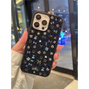 新款iPhone16promax手機殼閃粉滿鉆全包矽膠保護套小眾蘋果15適用亮鉆奢華時尚13保護殼輕奢粉色花朵立體簡約