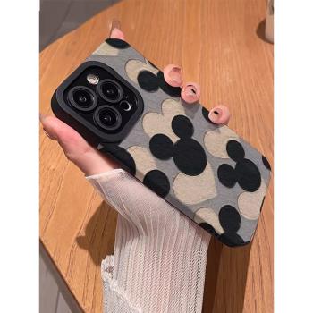 小羊皮iPhone15promax手機殼愛心米奇適用新款蘋果16pro卡通網紅14pro全包防摔13男女plus高階感12個性11磨砂