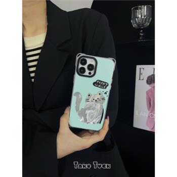日韓ins快樂貓高階感銀狐手機殼15promax防摔手腕鏈條女12適用蘋果iPhone14Pro斜挎側背掛繩13新款12Pro硬殼