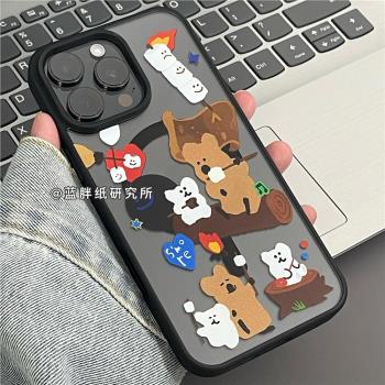 藍胖紙研究所可愛卡通小熊插畫亞克力磁吸手機殼適用iPhone16promax蘋果15手機殼14pro新款13保護套12掛鏈