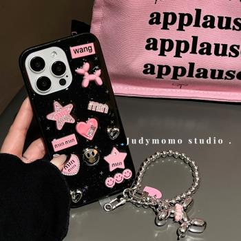 日韓ins少女粉貼飾滴膠軟殼適用iPhone15蘋果16promax手機殼13掛鏈12新款11防摔