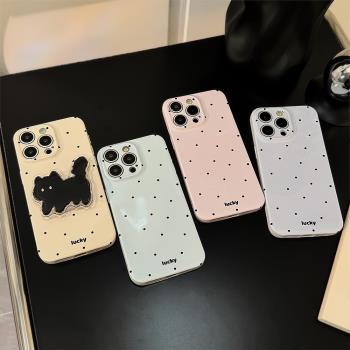 ins風波點黑貓咪適用蘋果15promax手機殼新款iphone14菲林高階13簡約小眾軟殼12防摔11帶伸縮支架女款7/8plus