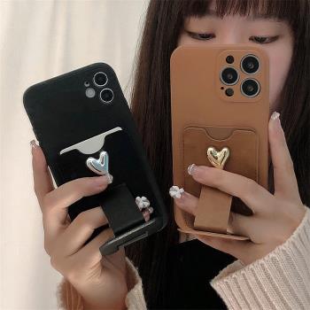 簡約立體愛心適用iPhone16promax蘋果14手機殼13保護套14隱形折疊支架11創意12全包7/8p軟殼14plus插卡包十四
