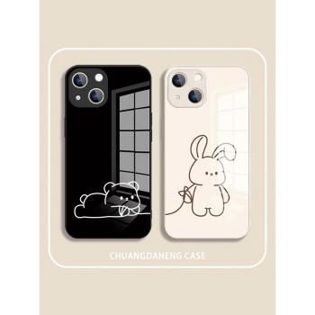 牽繩小熊兔子蘋果15手機殼iphone16promax液態玻璃14pro情侶款8plus簡約線條12mini新款11男女13一對xs鏡面套