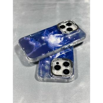 後勤高階&小眾暈染羽紗藍色荷花新款個性適用於iphone16 pro max手機殼蘋果15/14/13/12矽膠防摔全包創意電鍍