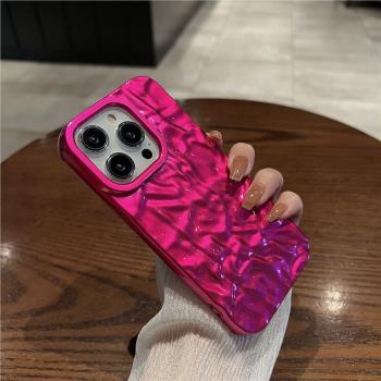 umj【褶皺錫箔紋】新款玫紅色適用iphone16/15pro手機殼14蘋果13proMax個性創意12軟防摔11矽膠XS/XR保護套女