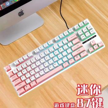 87鍵雙拼色小鍵盤臺式機筆記本手機通用發光懸浮機械手感粉白USB