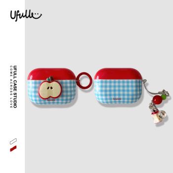 ufull ins風小清新立體蘋果藍色格子適用AirPods4保護套蘋果Pro2代3代藍牙耳機殼掛墜少女心全包防摔矽膠軟殼