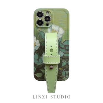 清倉綠色油畫花朵手腕帶適用蘋果iPhone13promax復古牛皮手機殼全包軟原創設計小眾個性支架保護套防摔