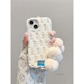 適用蘋果14手機殼iPhone15promax日韓ins風簡約米白帆布紋12秋冬新款毛絨掛環13小眾超火11防摔保護套16pro女