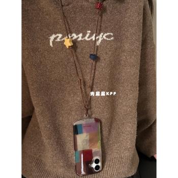 殼屁屁KPP復古棕大色塊拼接ins韓系14適用16pro蘋果16ProMax手機殼iPhone16/13軟15Promax星星掛脖繩保護套